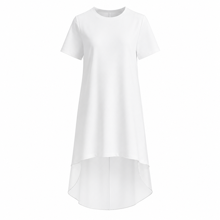 Damekjole: kortermet, elegant lang kjole i beige/svart med delikate organza-innslag. Ideell til hverdags eller fest.