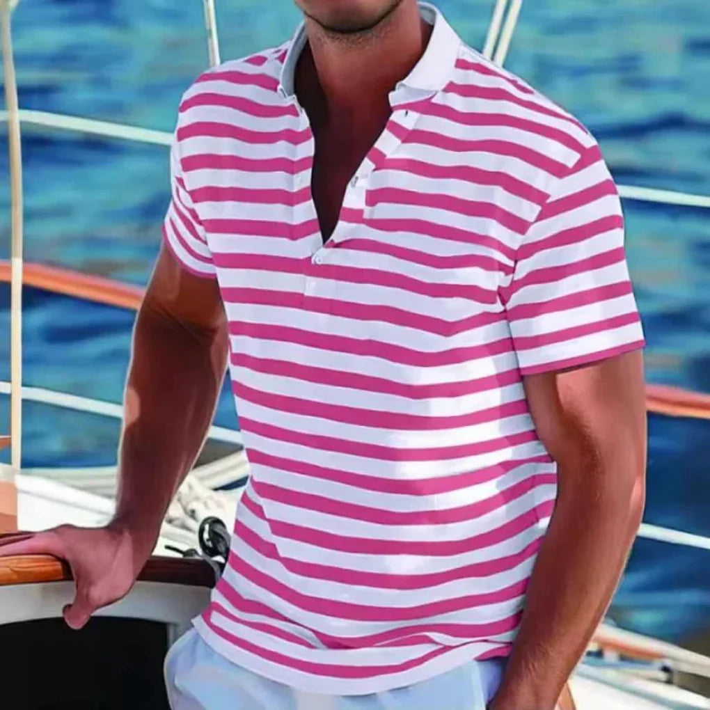 Stilig retro stripete poloskjorte for menn, ideell for en klassisk sommer-mote look.