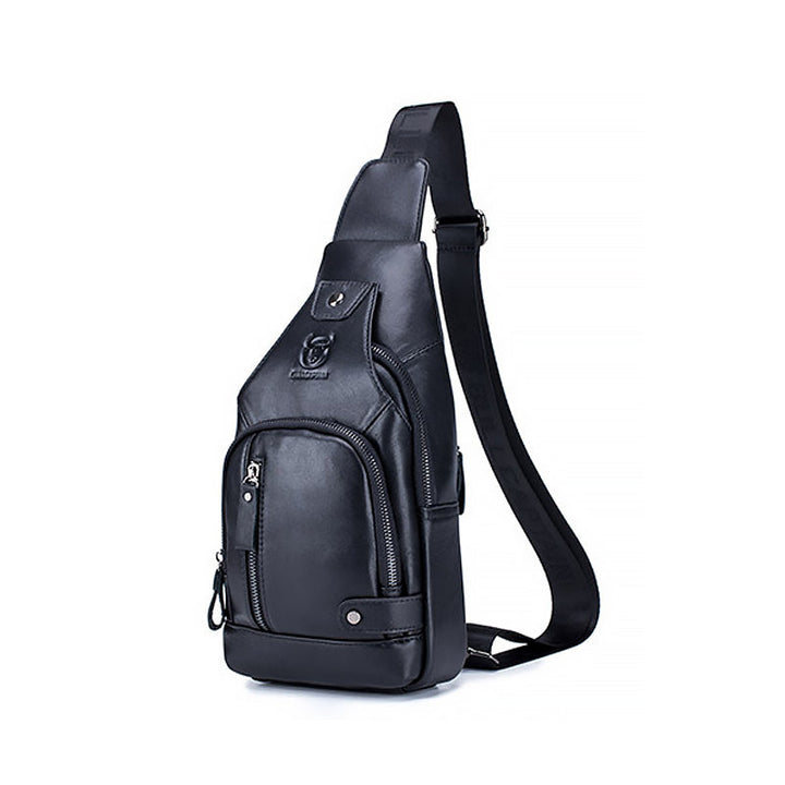 Robust svart herreveske i ekte skinn, cross-body, med justerbar reim for komfort.