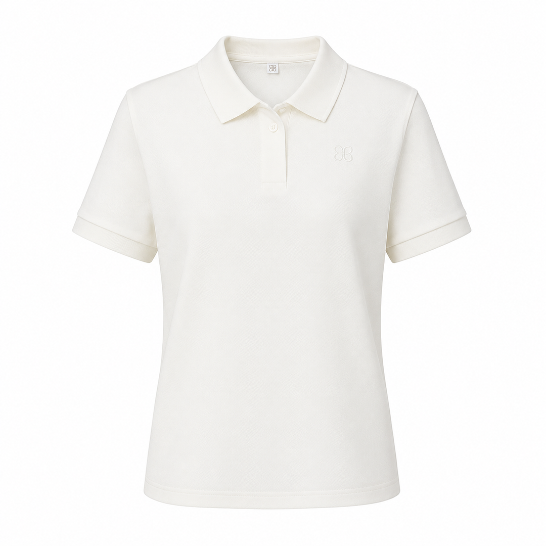 Elegant dame polo t-skjorte i lyselilla og beige med asymmetrisk design og klassisk krage.