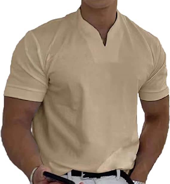 Herre V-hals sommerskjorte i polyester, lett og pustende. Komfortabel kortermet herreskjorte for sommer.