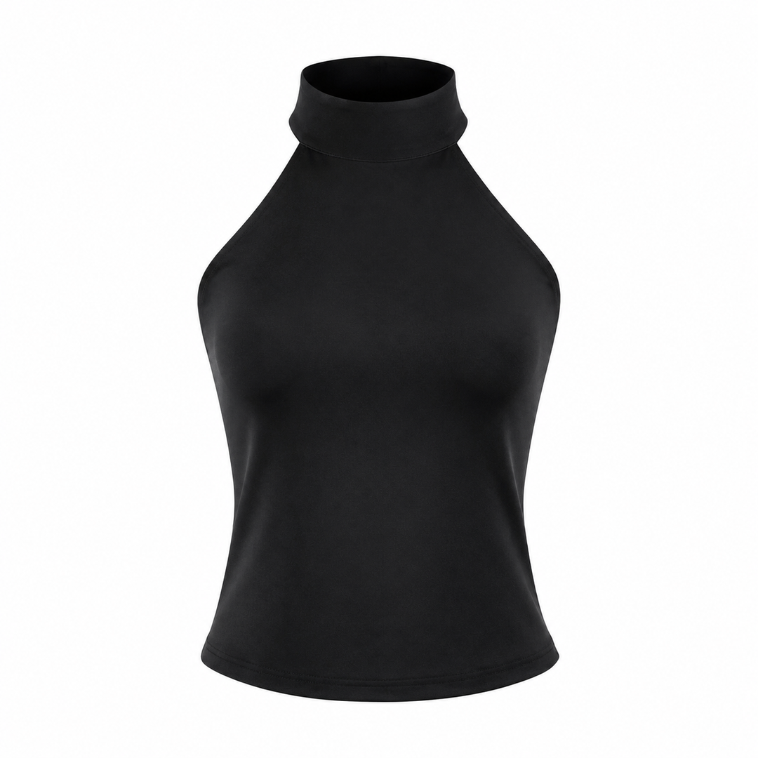 Minimalistisk svart halterneck crop topp, ryggløs dame topp med elegant ståkrage. Perfekt for vår/sommer.