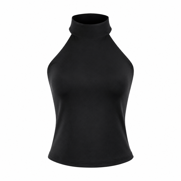 Minimalistisk svart halterneck crop topp, ryggløs dame topp med elegant ståkrage. Perfekt for vår/sommer.
