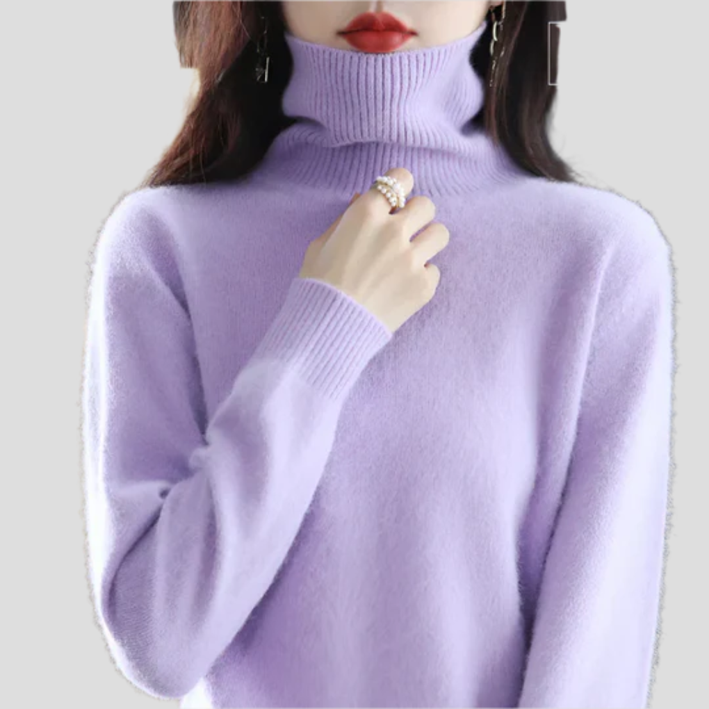 Frontbilde av elegant damegenser. Stilfull strikket turtleneck med høy hals, perfekt som varm vintergenser.