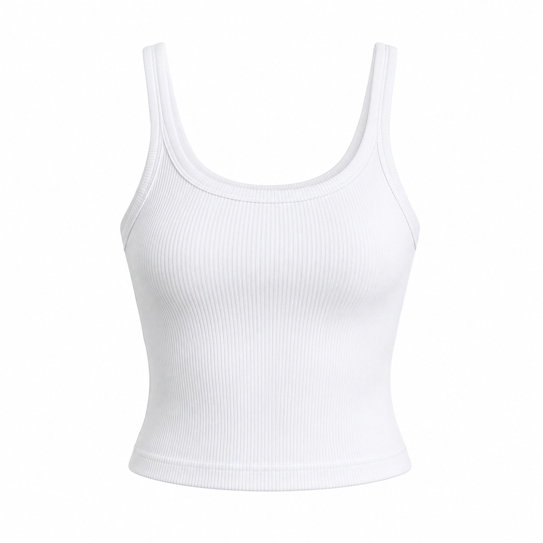 Dame hvit ribbestrikket croptop med ermeløs design. Allsidig basic topp for sommer og fritidsbruk.