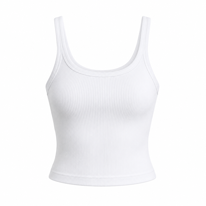 Dame hvit ribbestrikket croptop med ermeløs design. Allsidig basic topp for sommer og fritidsbruk.