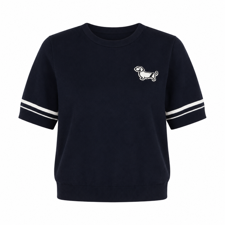 Strikket dame t-skjorte i mørk blå med elegant broderi og behagelig løs passform, ideell for casual stil.