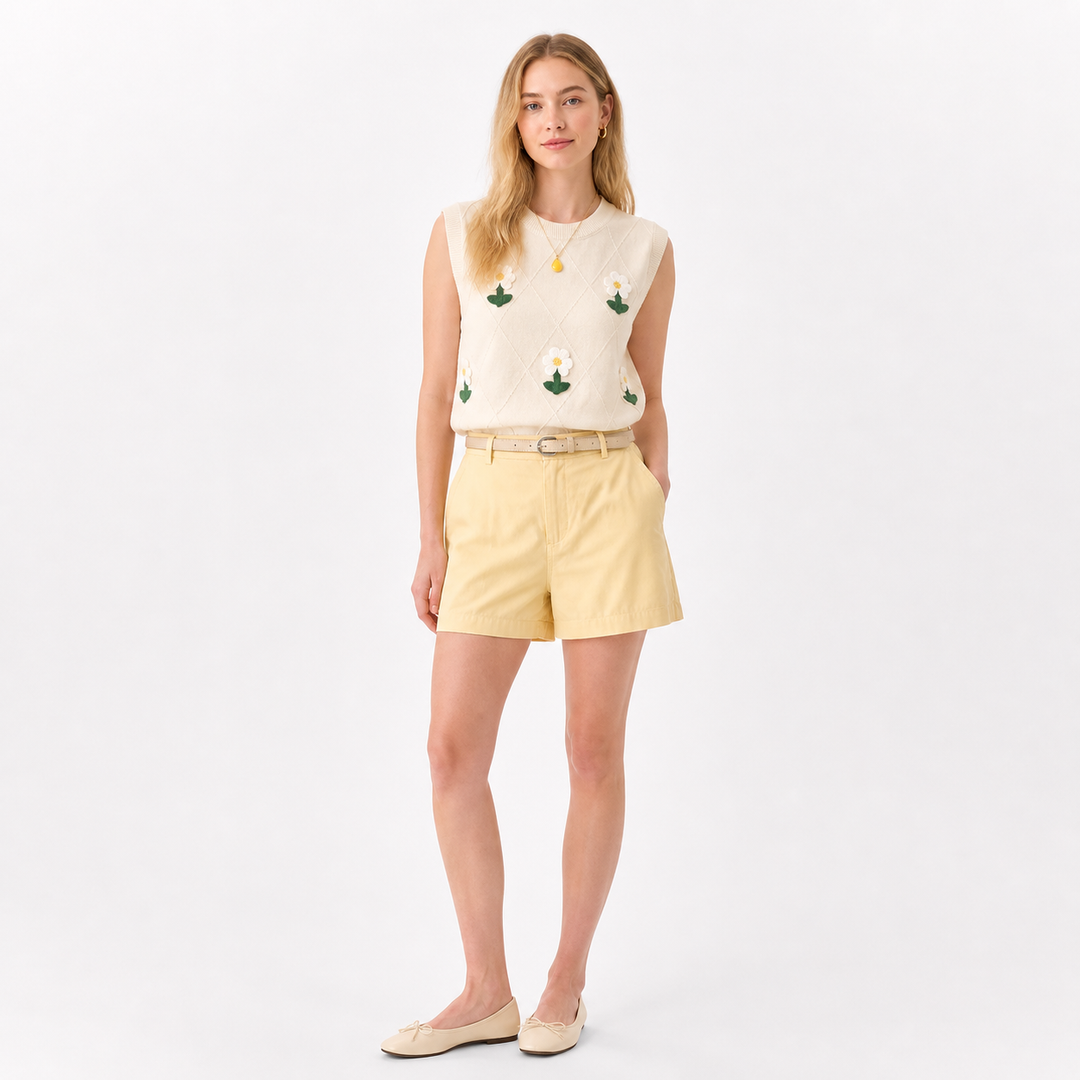 Aprikos dame ermeløs topp med 3D blomsterbroderi, retro stil for sommer og fest.