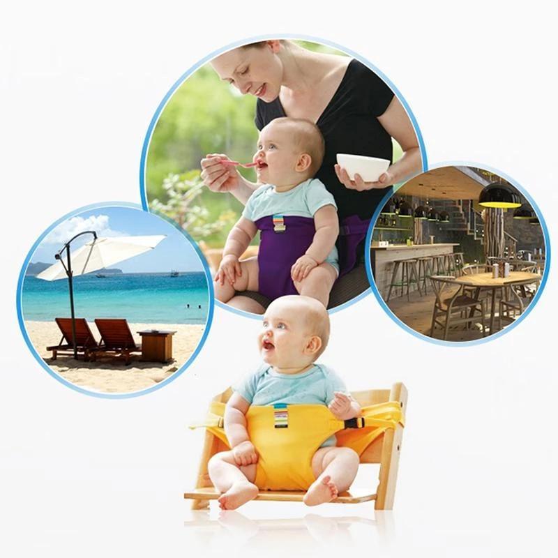 Bærbar spisestolsele for baby, kompakt design ideell for reise og enkel å feste til stoler.