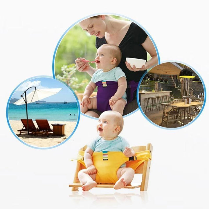 Bærbar spisestolsele for baby, kompakt design ideell for reise og enkel å feste til stoler.