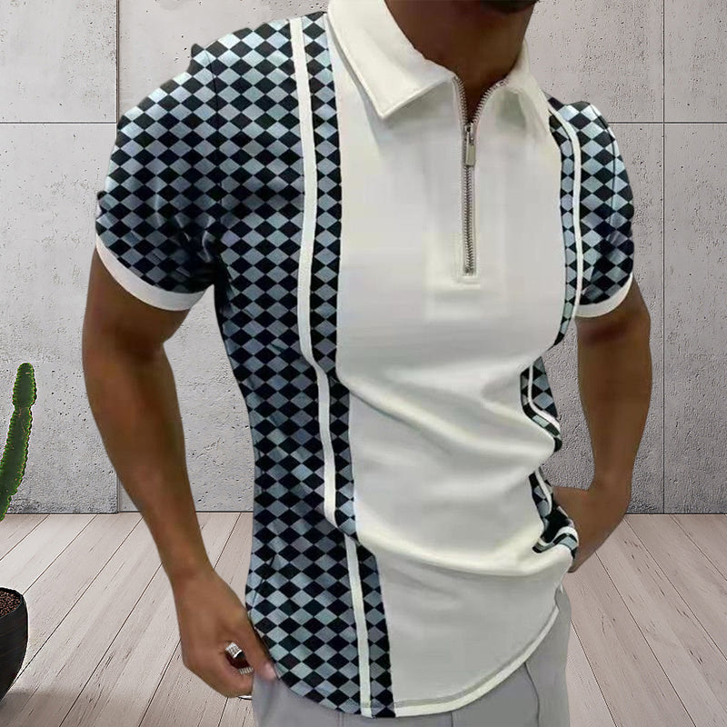 Herre polo t-skjorte med glidelås, kortermet. Trendy fargeblokkdesign for en komfortabel og elegant stil.