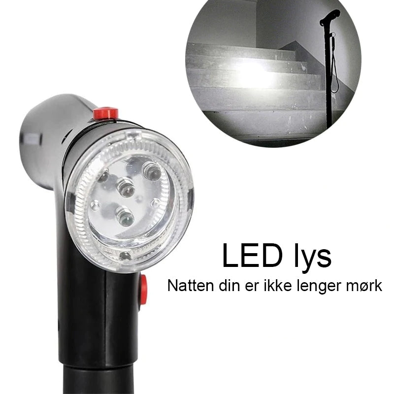 Praktisk gave for eldre: Sammenleggbar teleskopisk stokk med LED-lys, alarm og godt grep for økt trygghet.