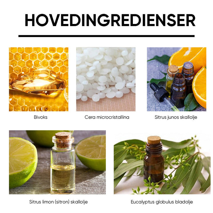 Hånd holder flaske med Naturlig Bivoksspray for Møbler. Din løsning for effektiv polering, rengjøring og vedlikehold.