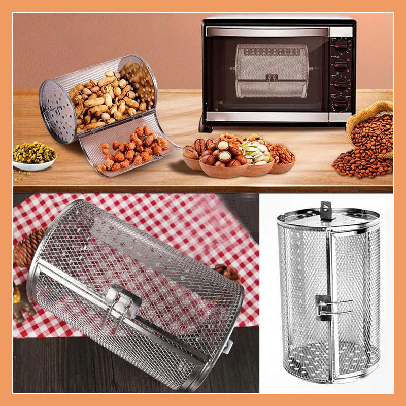 Roterende airfryer grillkurv i rustfritt stål for sunn matlaging og baking.