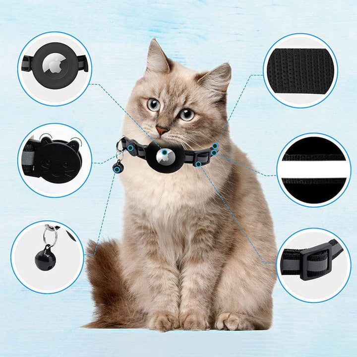 Trygt AirTag-halsbånd for katt med utløserlås, garanterer komfort og sikkerhet for katten.