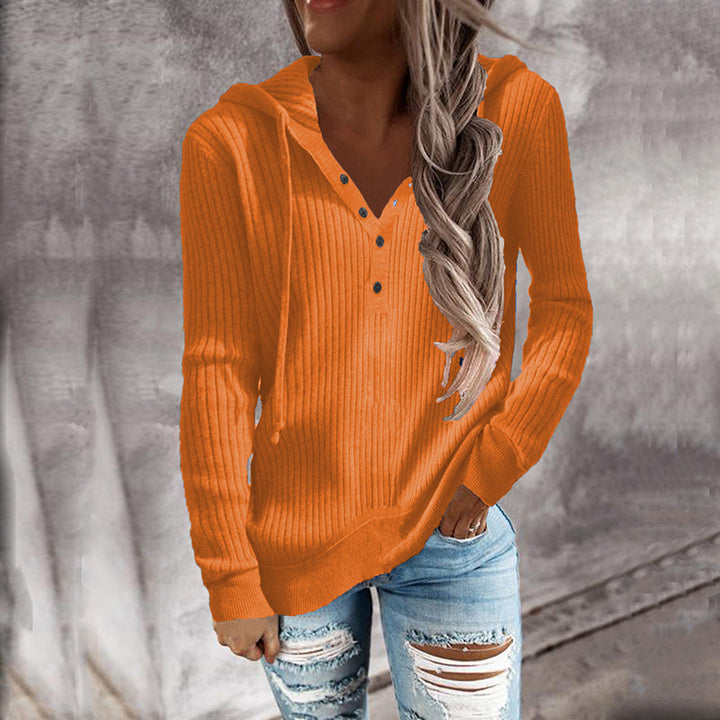 Allsidig kvinners ensfarget strikket genser, hettegenser med v-hals og langermet design for casual stil.