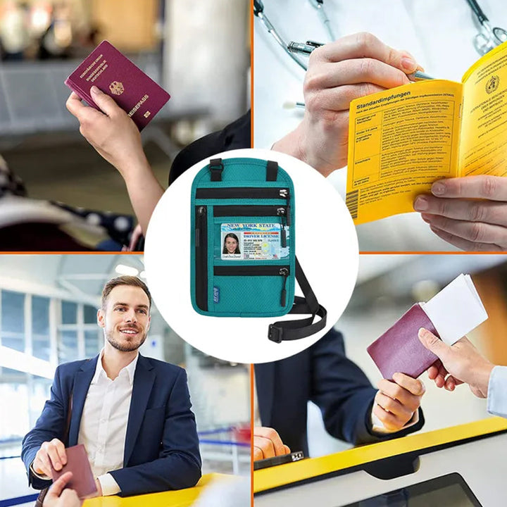 Reisehalspose for damer og herrer, med RFID-blokkering og god plass til pass og telefon.