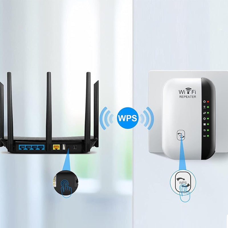 Elegant hvit WiFi-repeater med EU-plugg. Gir kraftig signalforsterkning for optimal internett i hjemmet.
