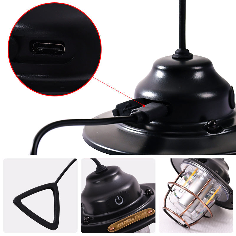 Essensiell oppladbar LED-campinglykt i retro stil; perfekt for telt, tur og friluftsliv.