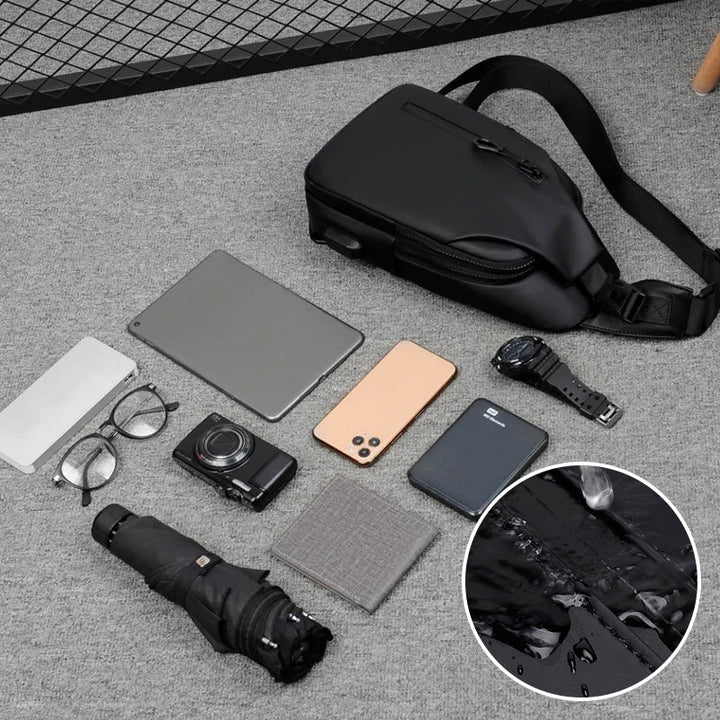Organisert reiseveske med flere rom. Vanntett, USB-lading for trygg oppbevaring.