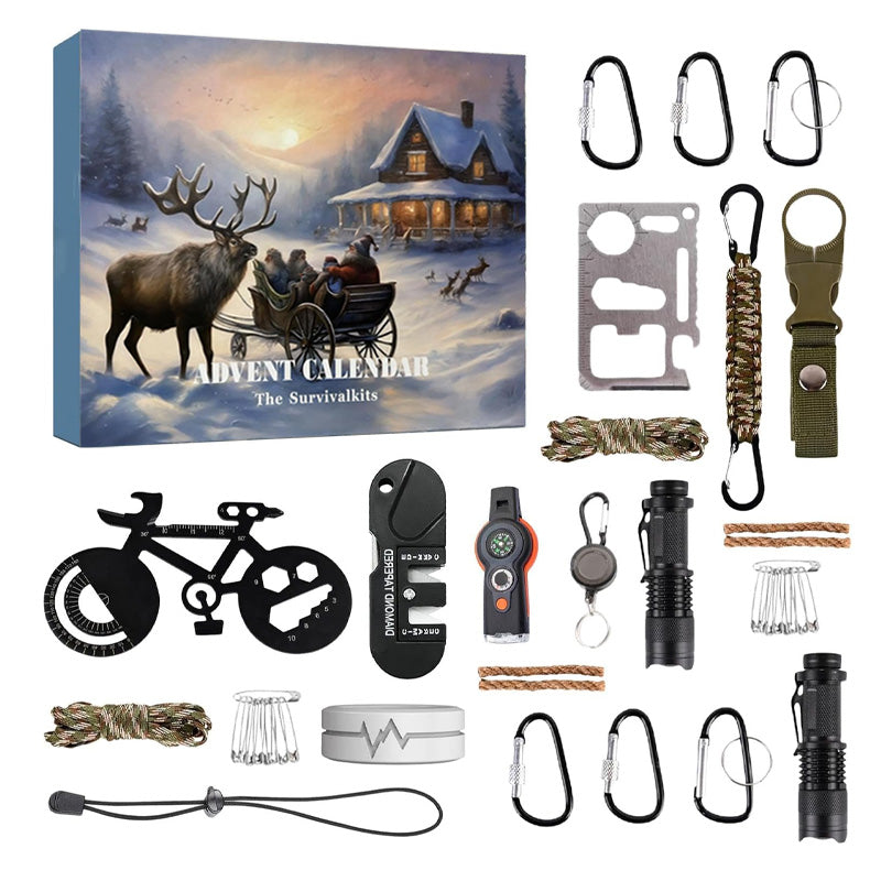 Pakket Survival Kit Adventskalender, klar til å bli gitt bort som en unik julegave.