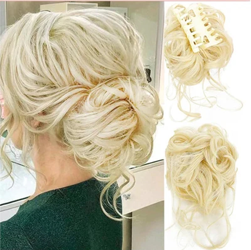 Elegant updo med fyldig hestehalebolle i syntetisk hår. Perfekt for rask og enkel styling.