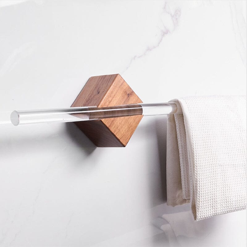 Moderne håndkleholder akryl/valnøtt, elegant veggmontert interiørløsning for baderommet.