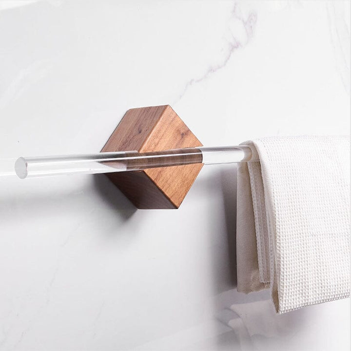 Moderne håndkleholder akryl/valnøtt, elegant veggmontert interiørløsning for baderommet.