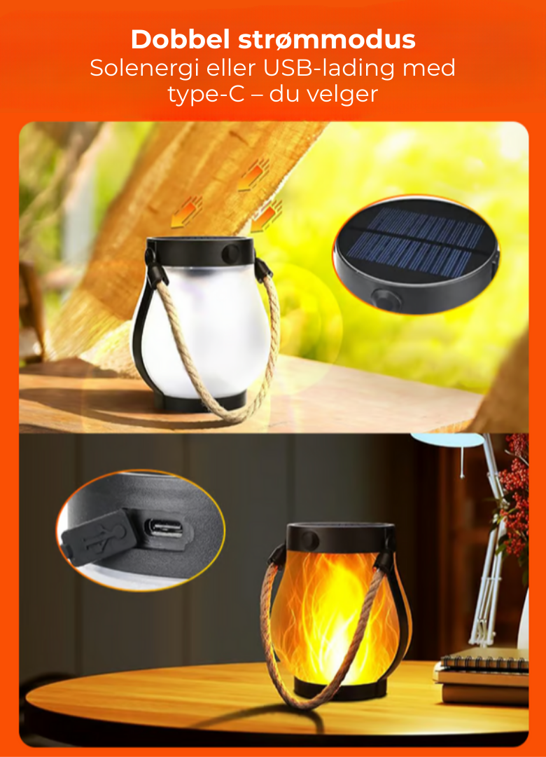 Elegant solcellelanterne med realistisk flammeeffekt. Perfekt dekorbelysning for hage, terrasse og balkong.