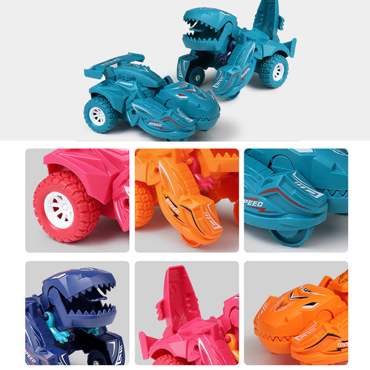 Blå lekebil transformeres til brølende dinosaur. En spennende barneleke som inspirerer til fantasifull lek.