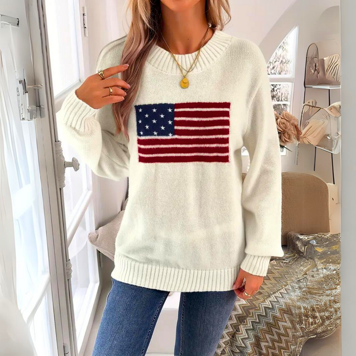 Dame strikkegenser med iøynefallende amerikansk flagg design. Perfekt trendy motegenser for fritid.