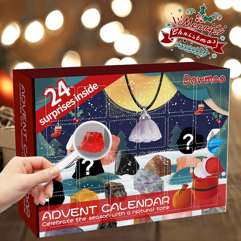 Fargerik adventskalender fylt med steiner og krystaller, designet for barn som elsker geologi.