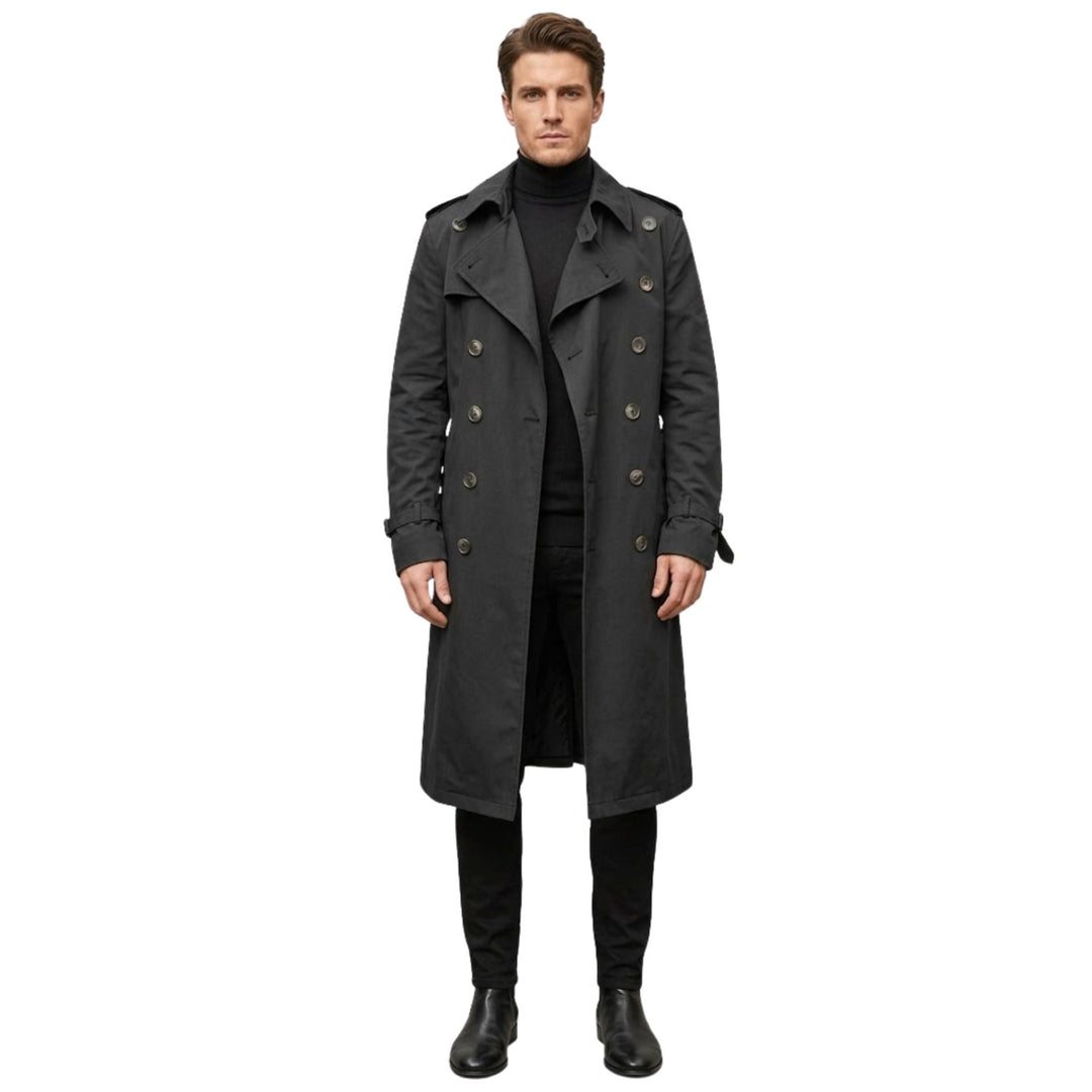 Elegant lang dobbeltspent trenchcoat for menn i klassisk stil, perfekt ytterplagg for høst og vinter.