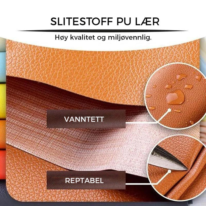 Før/etter: Slitesterk selvklebende lærreparasjon lapp har enkelt fikset et skadet område på en skinnstol.