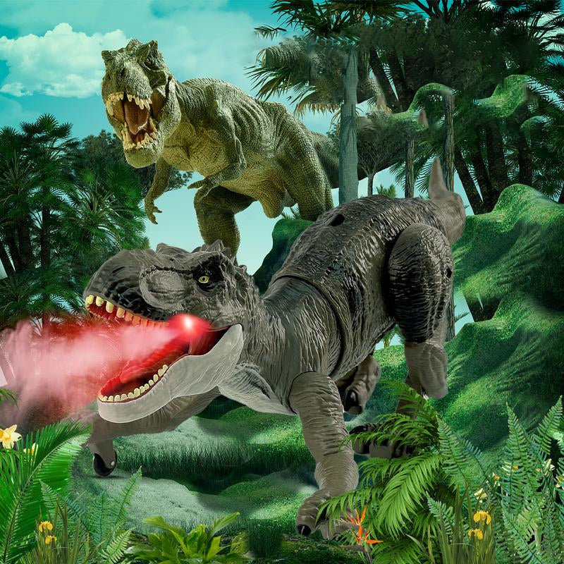 Fjernstyrt T-Rex dinosaur med lysende øyne og vannspray, perfekt barn gave.