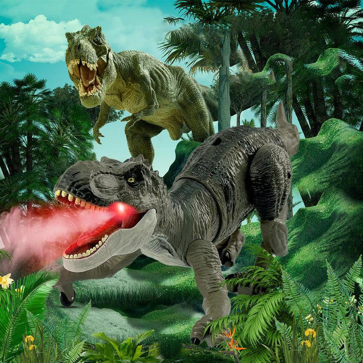 Fjernstyrt T-Rex dinosaur med lysende øyne og vannspray, perfekt barn gave.