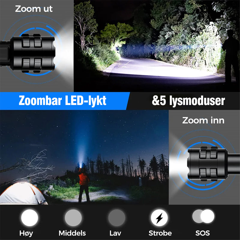 Taktisk lommelykt (2400 lumen) med ladekabel og reim. Oppladbar, vanntett LED for allsidig bruk.