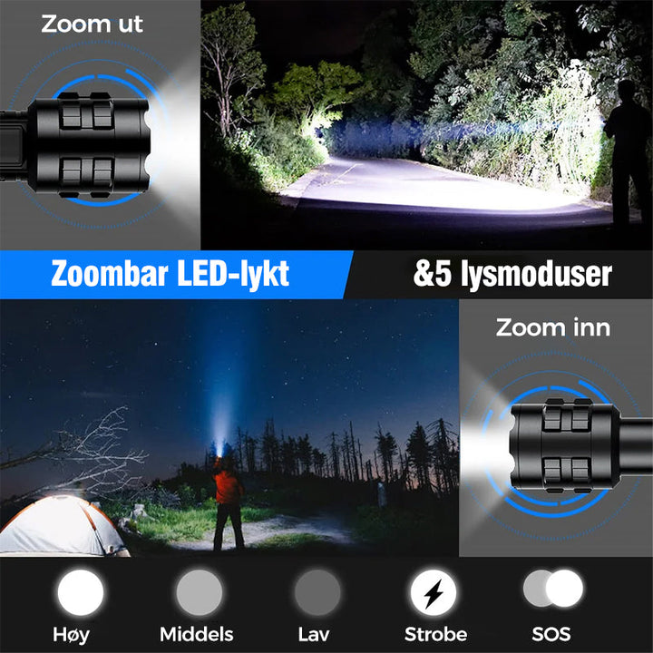 Taktisk lommelykt (2400 lumen) med ladekabel og reim. Oppladbar, vanntett LED for allsidig bruk.