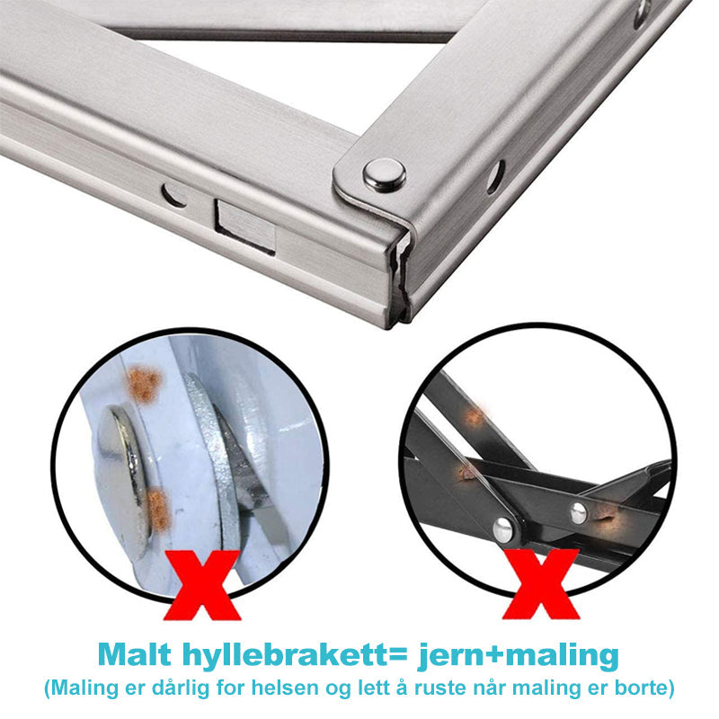 Hyllebrakett i stål, sammenleggbar for maksimal fleksibilitet i oppbevaring.