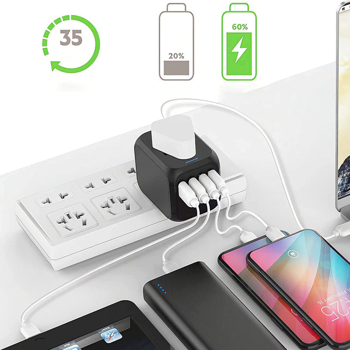 Smart reiseadapter for internasjonale uttak, inkludert USB-lader for mobil og nettbrett.