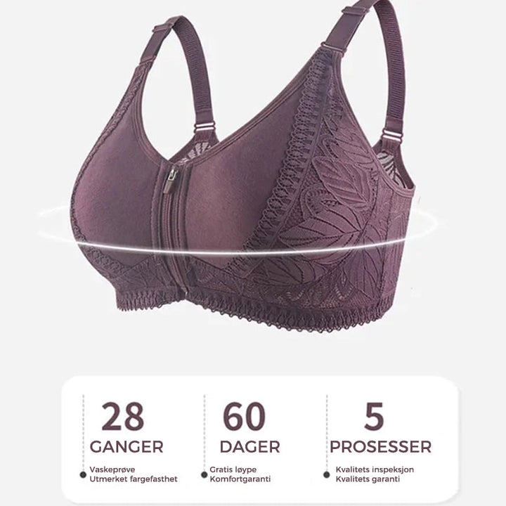 Svart plus size komfort BH med glidelås foran, trådløs og støttende for kvinner.
