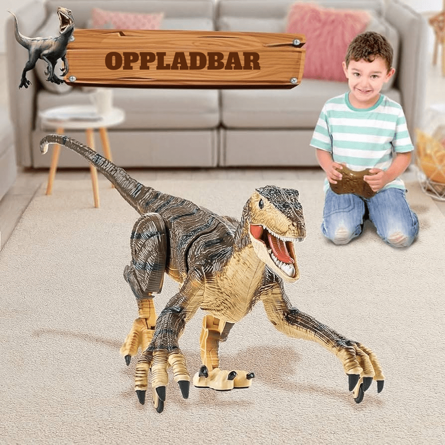 Barn leker med en fjernstyrt T-Rex robot dinosaur, som brøler og har glødende øyne for spennende lek.