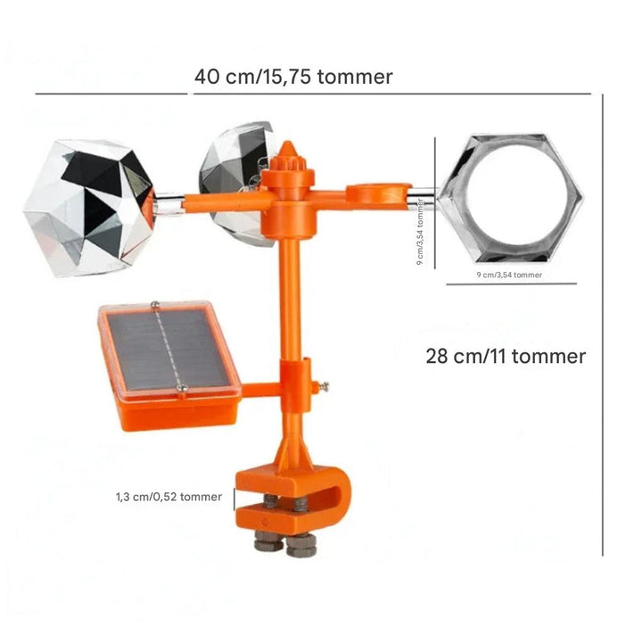 Solcelledrevet fugleavviser med reflekterende overflate for hage. Effektivt fugleskremsel med 360° rotasjon.