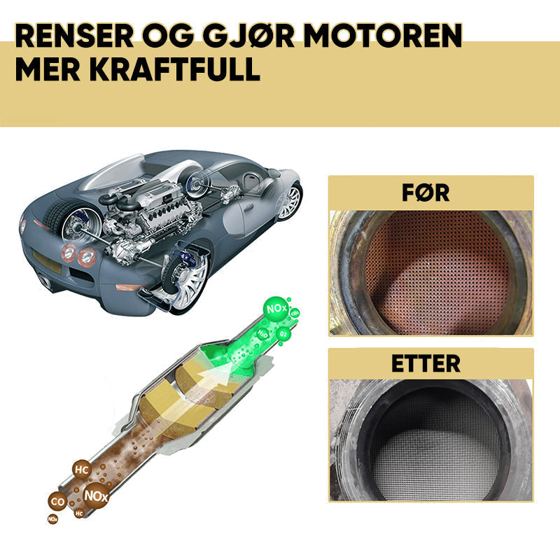 Kraftig karbonfjerner som rengjør katalysator og eksosanlegg, sikrer optimal funksjon. Bilpleie.