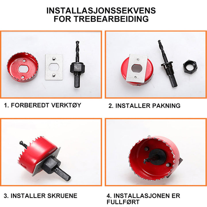 Visning av ferdig boret hull i treverk med hullsag borkrone i rustfritt stål. Rent og nøyaktig.