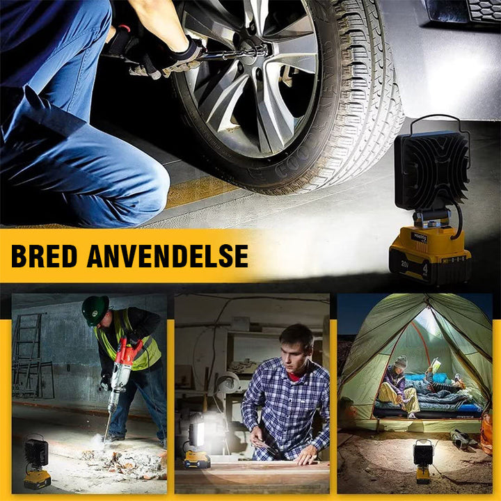 Allsidig LED arbeidslys 20V på stativ, gir kraftig belysning. Ideelt for verksted og uteområde.