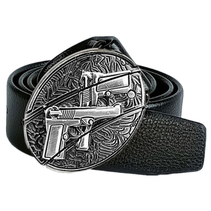 Visning av menns punk belte i ekte skinn, hvor kniven er delvis synlig, fremhever sikkerhetsfunksjonen.