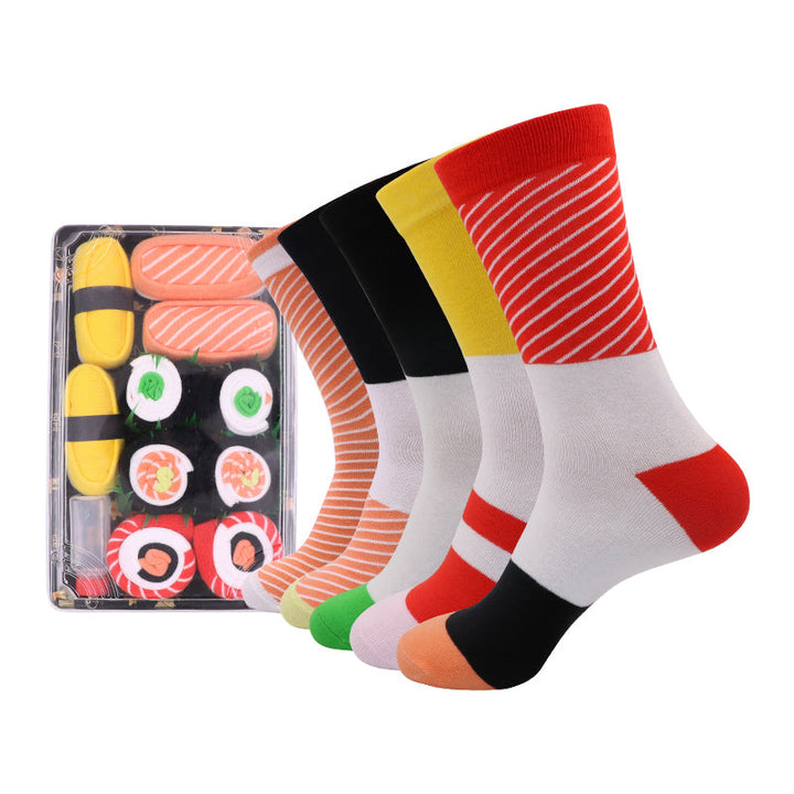 Høykvalitets bomullssokker med levende sushi-mønster. Pakket i en elegant gaveeske, unisex.
