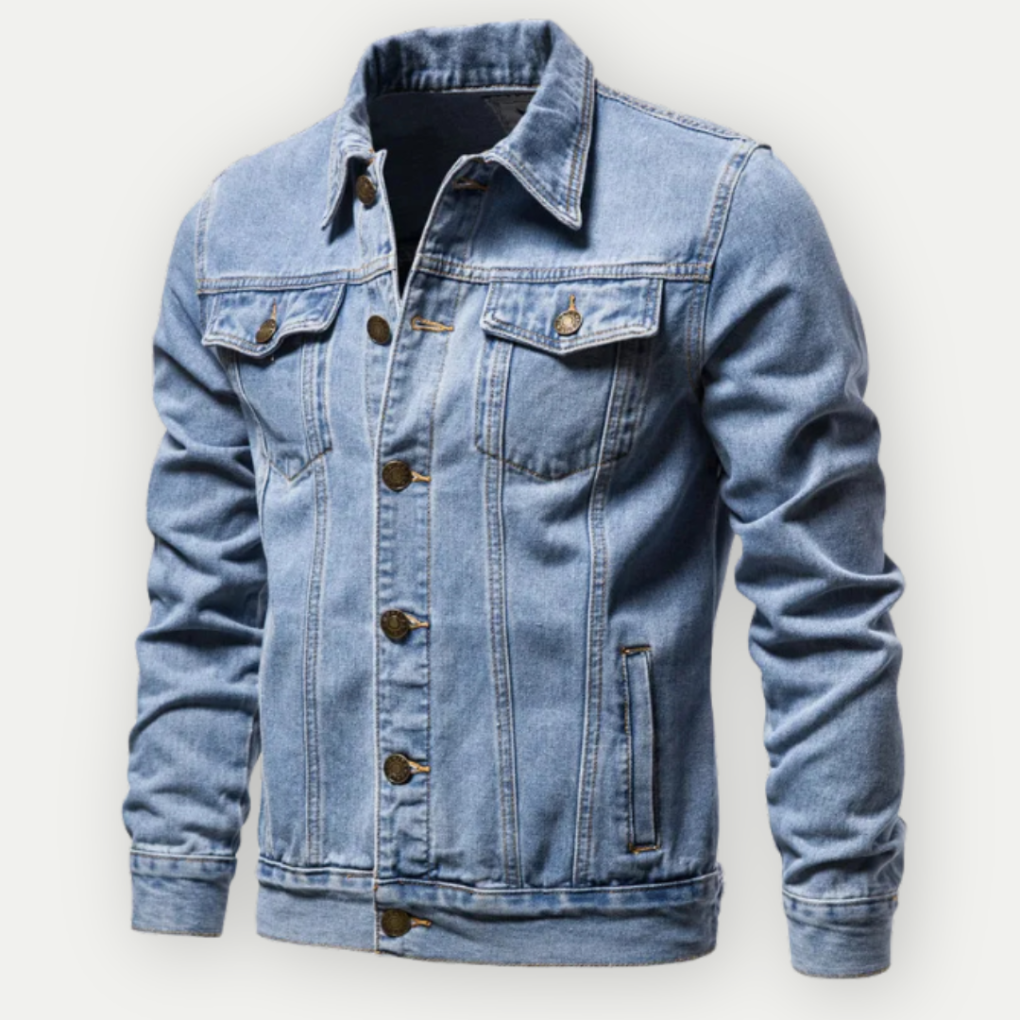 Stilig blå dongerijakke for menn, en moderne herre truckerjakke i slitesterk denim. Perfekt for streetstyle mote.