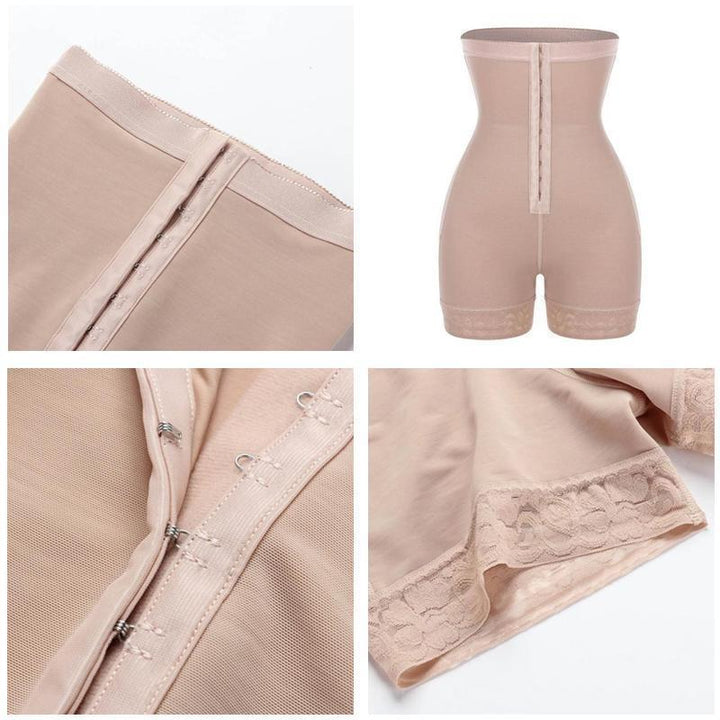 Detaljbilde av høy midje kompresjonstruser. Elastisk shapewear med magekontroll og bodyforming effekt i sort.